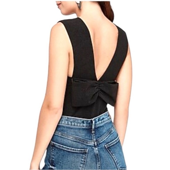 Express Tops - Express | Black Deep V-Neck Bodysuit with Back Bow